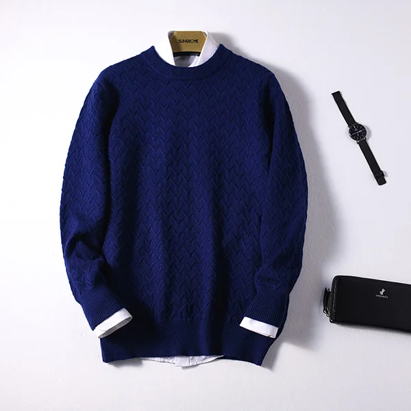 dark blue Высококачественные мужские кашемировые свитера и шерстяные вязальные Джемперы, мужские зимние пуловеры с круглым вырезом, текстурированный свитер, модный свитер - Цвет: dark blue