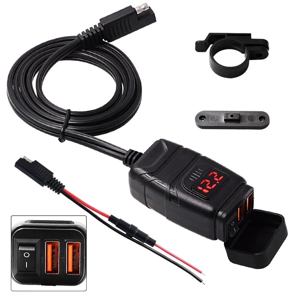 

QC3.0 Motorcycle Handlebar USB Charger Moto Equipment Dual USB Quick Change 12V Power Supply Adapter for Car Motorcycle