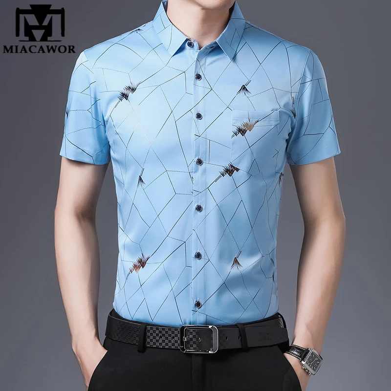 

2023 New Fashion Print Casual Shirt Mens Silk Cotton Summer Short sleeve Shirts Men Slim Fit Chemise Homme C744