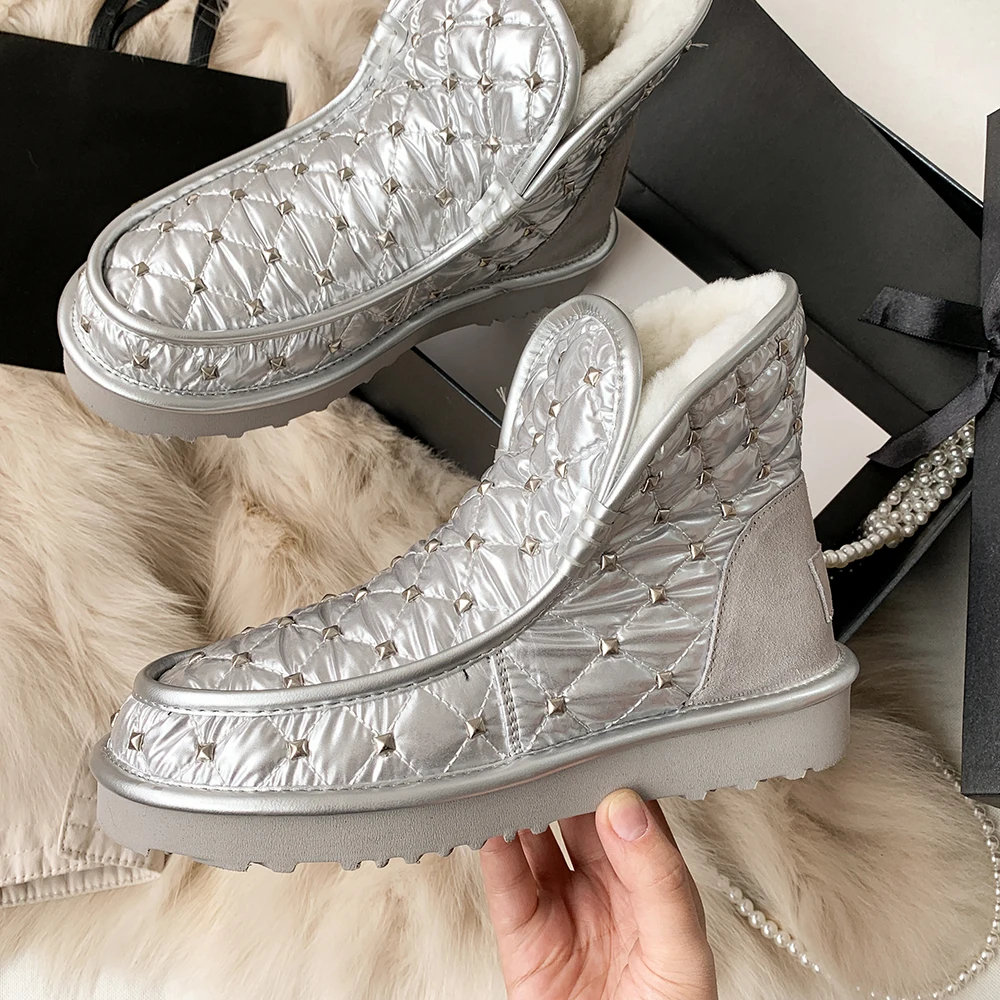 

Plus Size 34-43 New Waterproof Sheepksin Leather Shearling Wool Fur Lined Short Winter Boots Women Ankle Snow Boots Shoes Silver