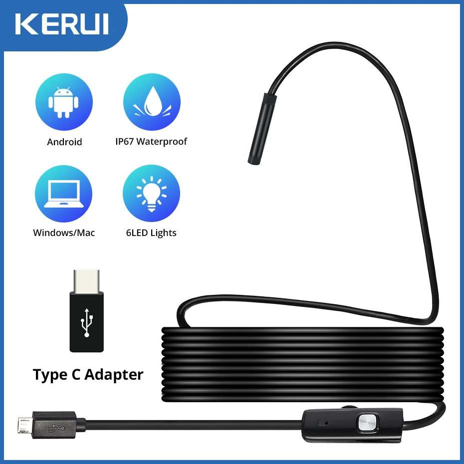 KERUI minicámara endoscópica con adaptador tipo C, Cable Flexible, boroscopio de serpiente, inspección para Android, Smartphone, PC| Cámaras de vigilancia| - AliExpress