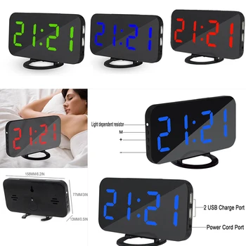 

USB Cable Digital Alarm Clock LED Mirror Clock Multifunction Snooze Display Time Table Desktop Night LED Light Big LED screen