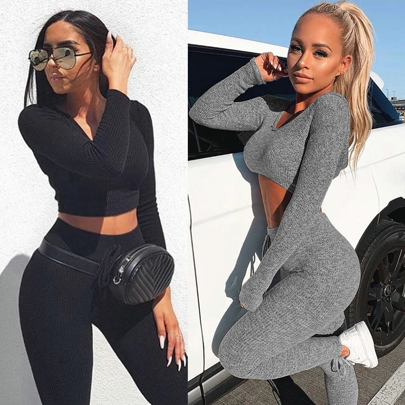 

Sexy V Neck Knitted Tracksuit Two Piece Set Autumn Winter Long Sleeves Crop Tops And Long Tight Pants 2 Piece Outfits For Women