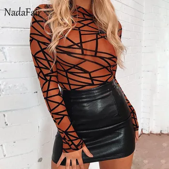 

Nadafair Transparent Turtleneck Sexy Bodysuit Women Club Mesh Long Sleeve Bodysuits For Women 2019 Body Suit Female For Woman