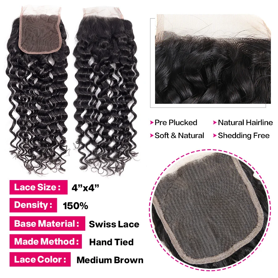 Cynosure Water Wave Human Hair Bundles With 4x4 Closure Brazilian Hair Weave 3 Bundles With Lace Closure Water Wave Remy