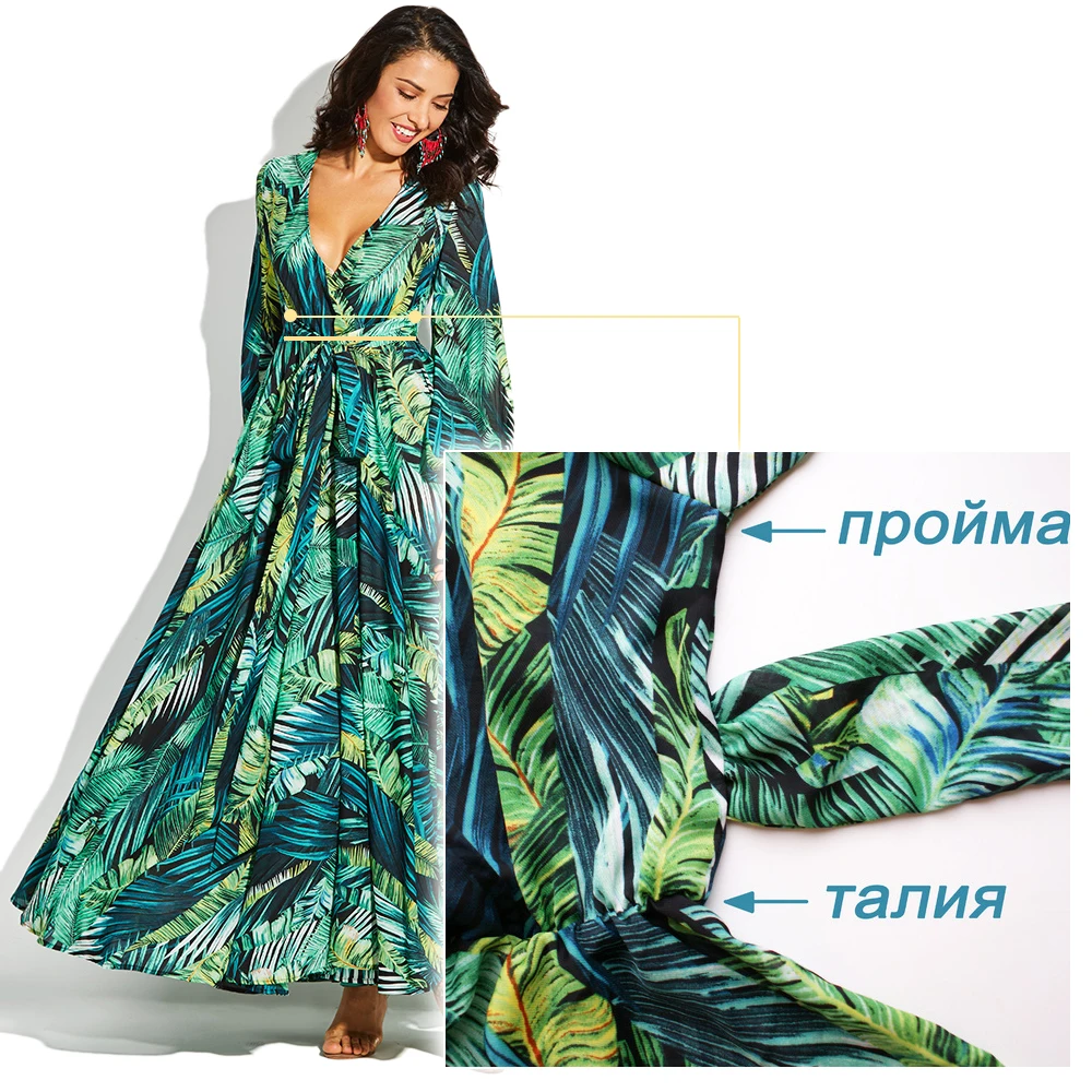 Plus Size Women's Boho Tropical V-Neck Lace-Up Green Print Maxi Dress for Summer Beach Casual Holiday image 5