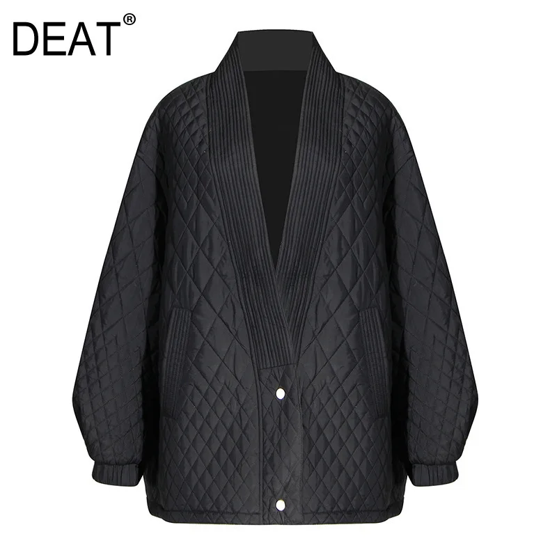 

DEAT 2020 new spring fashionw women V-neck lantern sleeves plaided single breasted wide bottoms cotton-padded coat WK38201