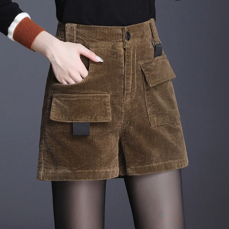 

Korean Winter Autumn Female Fashion High Wiasted Blue Grey Black Corduroy Shorts , Women Wide Leg 4xl Casual Pockets Shorts