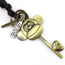 

Vintage Necklace Cute Big Mouth Monkey Pendant Men Women Animal Love Heart Key Retro Gothic Boho Long Leather Chain Punk Jewelry