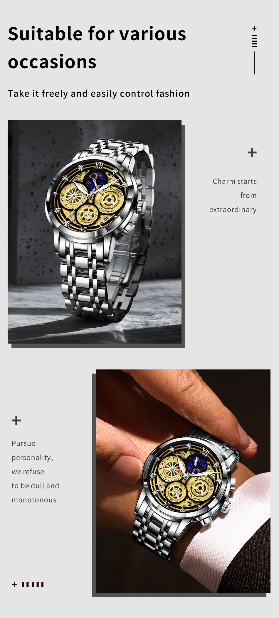 2021 New LIGE Sport Men Watch Top Brand Luxury Gold Stainless Steel Quartz Wrsit Watch Men Fashion Hollow Waterproof Chronograph