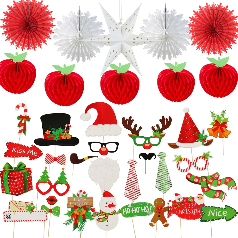 

11pcs Christmas Party Decoration Set Merry Christmas Eve Snowflake Tissue Paper Fans Photo Props Apple Honeycomb for Home Decor