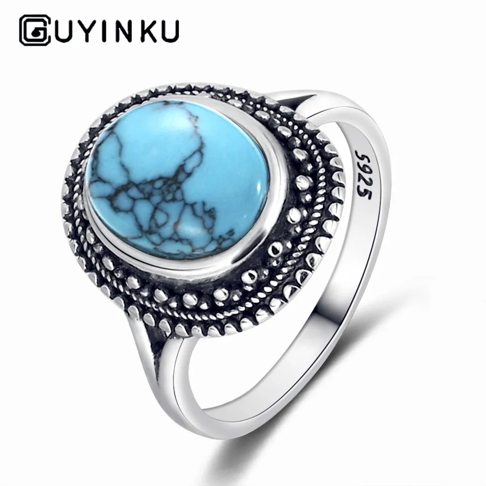 

925 Silver Rings Natural Turquoise Gemstone Rings for Women Wedding Bands Anniversary Gift Fine Jewelry