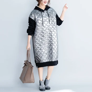 

2019 autumn and winter plus velvet quilted with a hat casual loose simple ladies long sweater cotton skirt winter dress