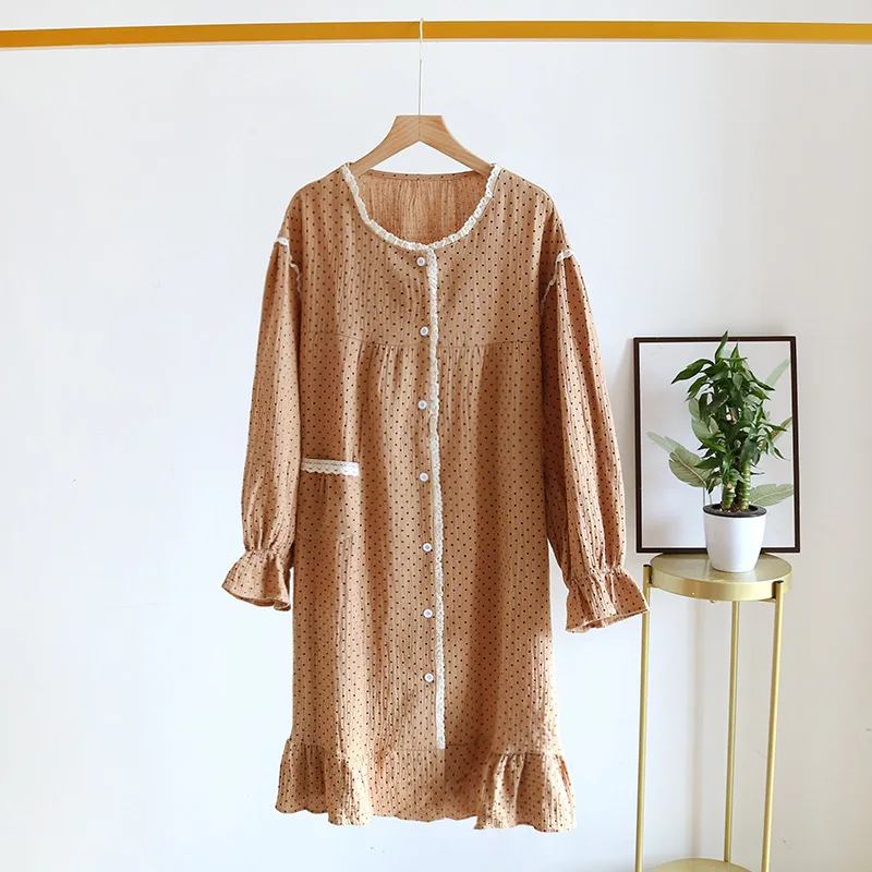 

Women Spring Cotton Washed Crepe Sleepwear Nightie 2021 New Nightdress Ladies Summer Long-Sleeved Korean Cute Sweet Pyjamas