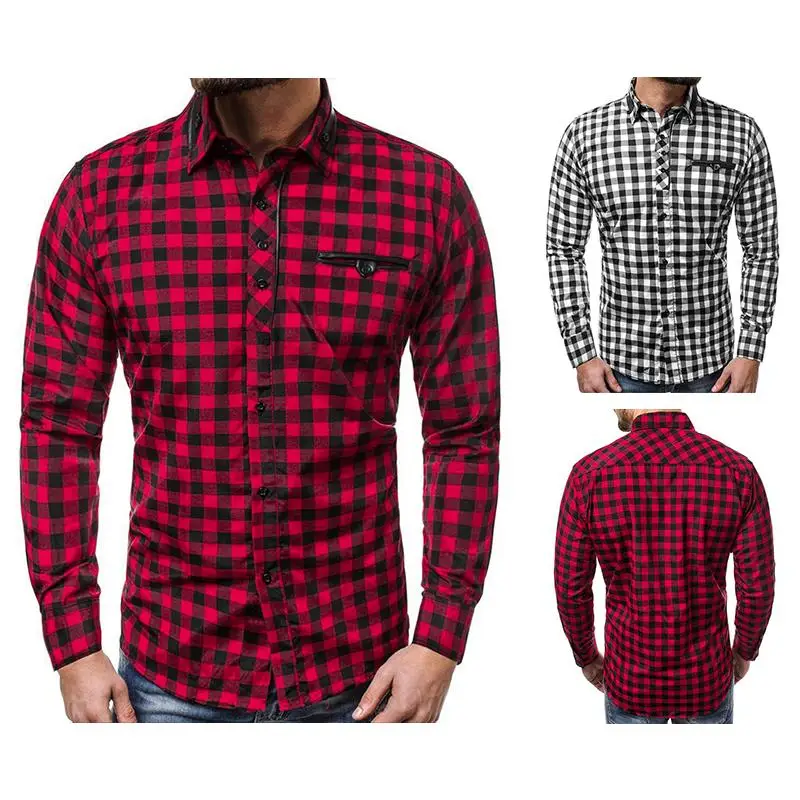 Plaid Shirt for Men Social Lattice Men Shirt Long sleeve Grid Casual dress Blouse Men Red Black