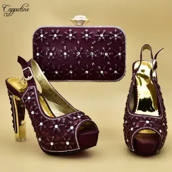 

Pretty wine high heel party sandal shoes with evening handbag set with stones for lady 988-5, heel height 12cm
