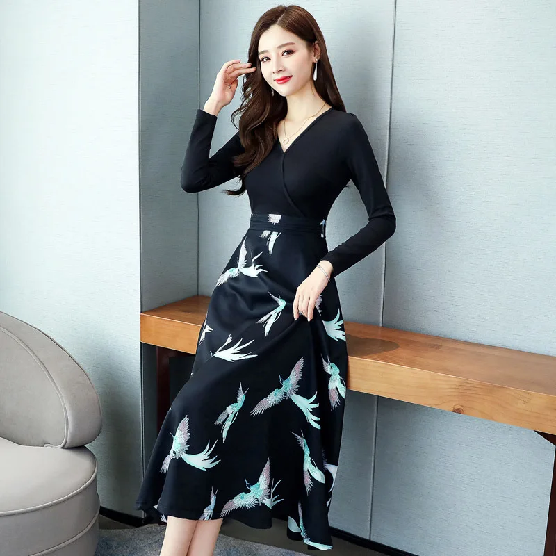 

Early Autumn Long Sleeve Skirt Dress Early Autumn Waist Hugging Slimming Elegant Autumn Clothing 2019 New Style Long Skirts WOME