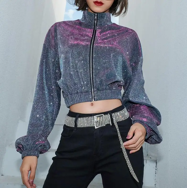 Cropped Oversized Hoodies Silver Glitter Long Sleeve O-Neck Sweatshirt Women Streetwear Korean Crop Sweatshirt gray Starry sky glitter femme ensemble blazer cropped traf women single button blazer