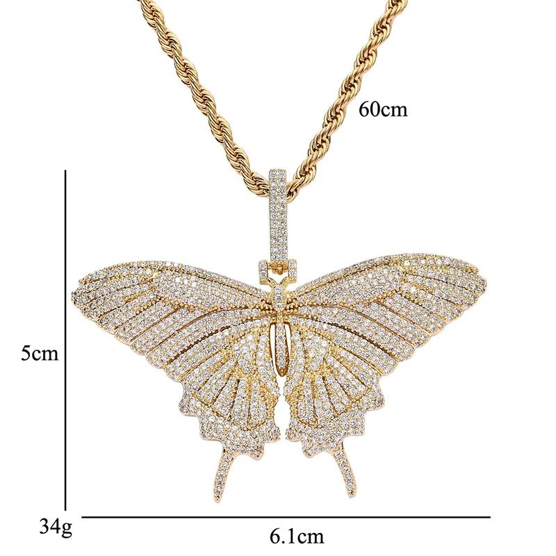 Микро проложили AAA+ кубический цирконий Bling Iced Out Бабочка Подвески ожерелье для женщин мужчин хип хоп рэппер ювелирные изделия золото серебро