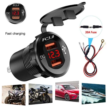 

Aluminum Alloy Fast Charger Fast Charging Dual USB Voltmeter Charger With Line Universal Mobile Phone Aluminum Car-Charger