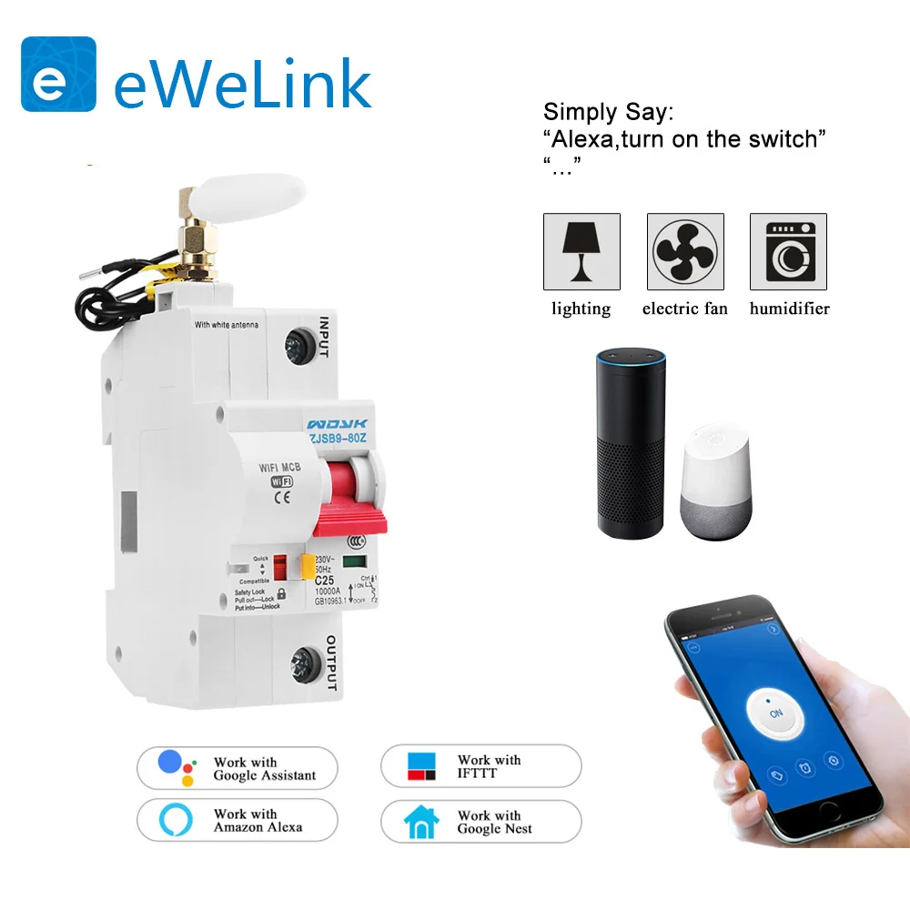 

eWelink 1P WiFi remote control circuit breaker Smart din rail switch compatiable with Alexa and google home for Smart Home