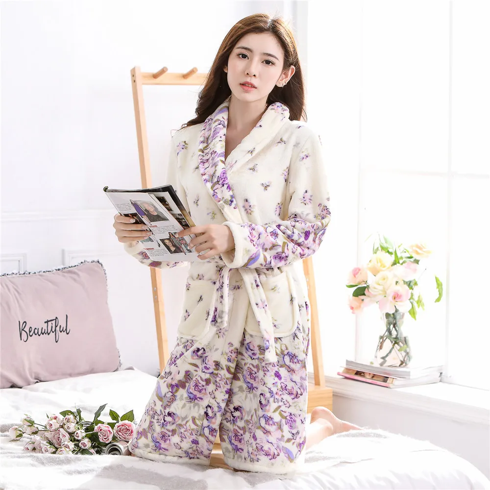 Теплый домашний халат для женщин с принтом фиолетового цветка пижамы длинный рукав интимное нижнее белье белый кимоно купальный Халат