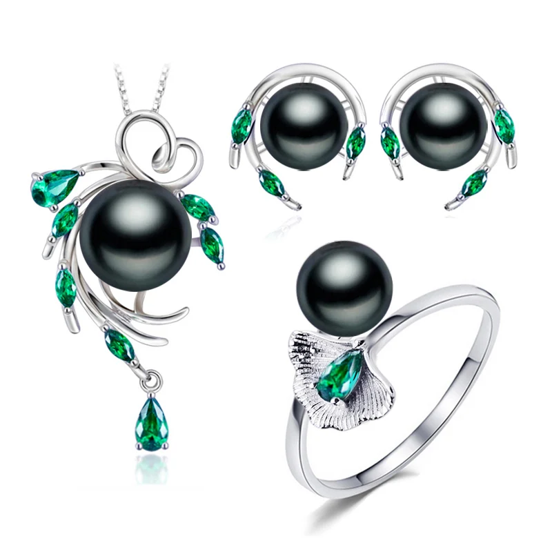 FENASY 925 Sterling Silver Emerald Jewelry Sets Natural Pearl Drop Earrings Bohemian Pendant Necklace Women Green Stones Ring - Цвет камня: D black pearls