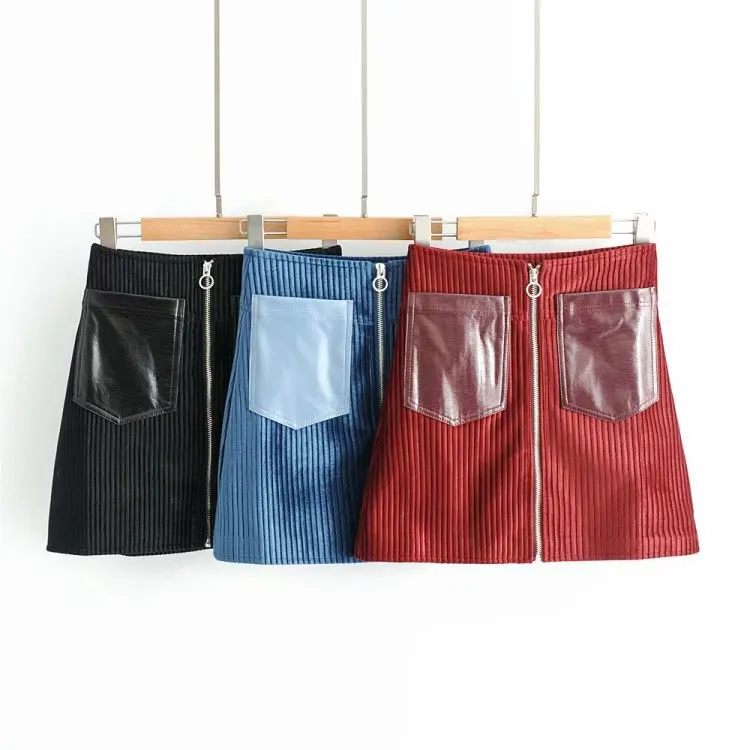

Spring Clothing New Style Korean-style Fashion High-waisted Slimming Corduroy Skirt Zipper Joint A- line Skirt Short Skirt Women