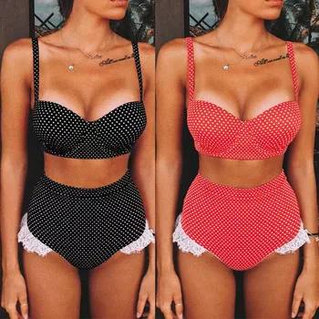 

Women's Swimsuit Womens Hight Waist Padded Push-up Bra biquini Set Dot Print Bathing Suit Swimwear kупальник 2020 mujer #F