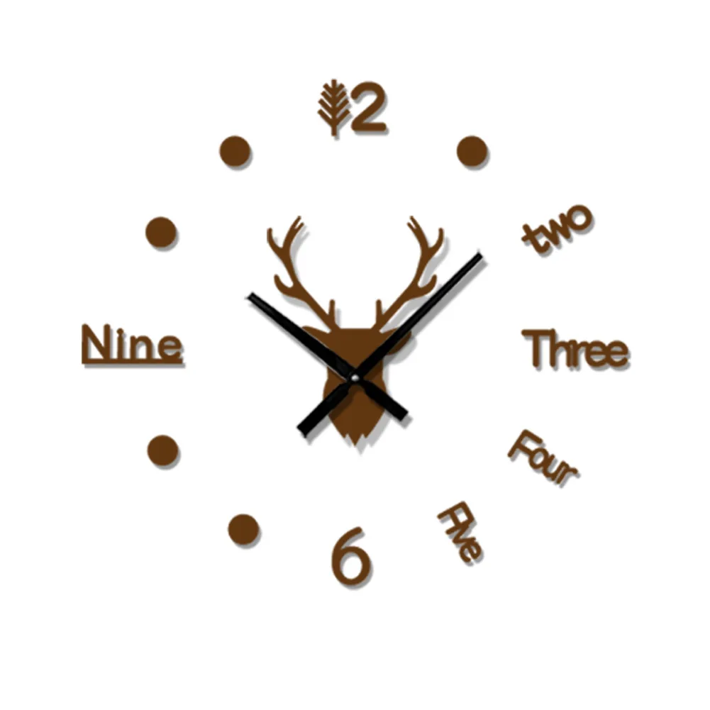 3D Sticker Deer Head Wall Clock Color:Coffee;Sheet Size:L