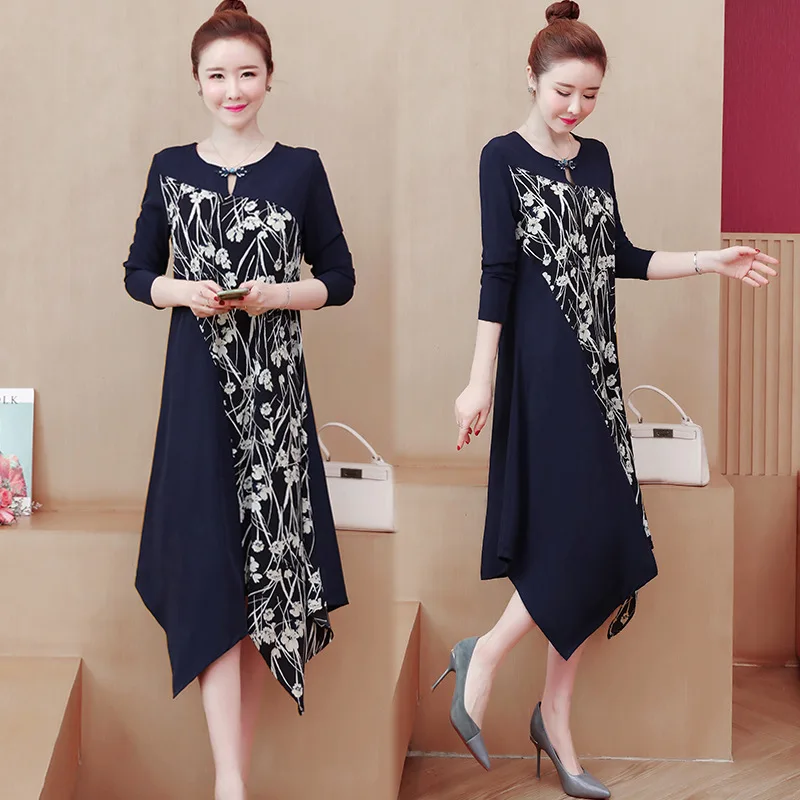 

Large Size Dress 2020 Spring Clothing New Style Elegant Loose-Fit Slimming Fat MM Joint Ethnic-Style Mid-length Dress