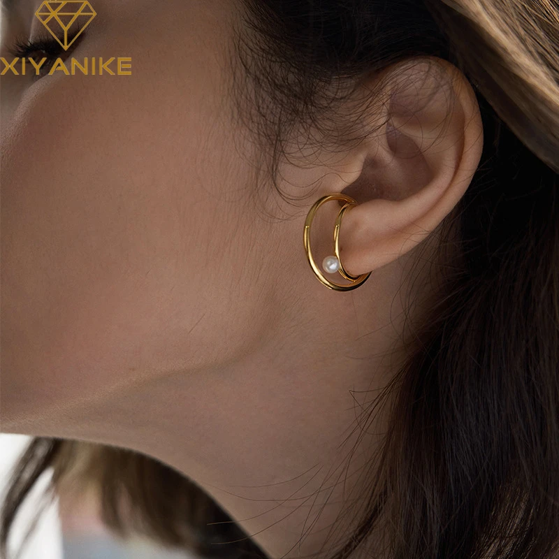 XIYANIKE pendiente de doble círculo con perla grande para mujer, pendiente de Clip colgante de temperamento dorado de moda, hipoalergénico, Color plateado|Pendientes de - AliExpress