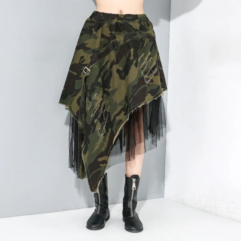 Женская модная камуфляжная сетчатая джинсовая юбка с лентами, женская уличная одежда в стиле хип-хоп, Готическая Асимметричная длинная юбка с завышенной талией, 932