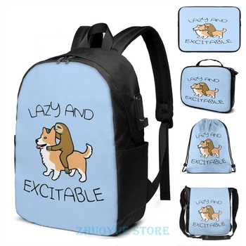 

Graphic print Lazy And Excitable (Sloth Riding Corgi) USB Charge Backpack men School bags Women bag Travel laptop bag