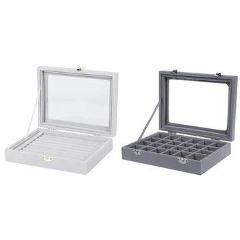 

24 Grid Display Box Glass Bracelet Watch Pillow Buckle Grey & Velvet Glass Ring Earring Jewelry Display Box Gray