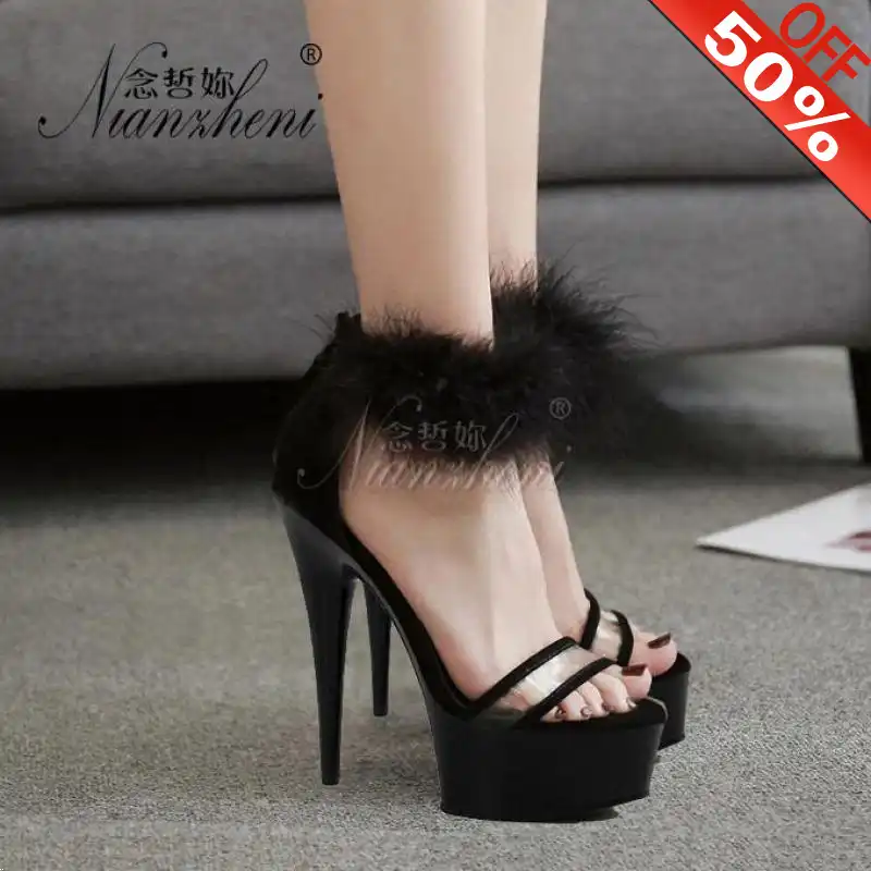 black fluffy high heels