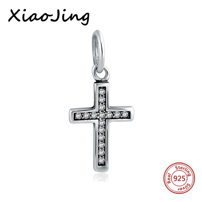 XiaoJing 100% 925 Стерлинговое Серебро Белый CZ Крест Кулон Шарм соответственные Пандоре