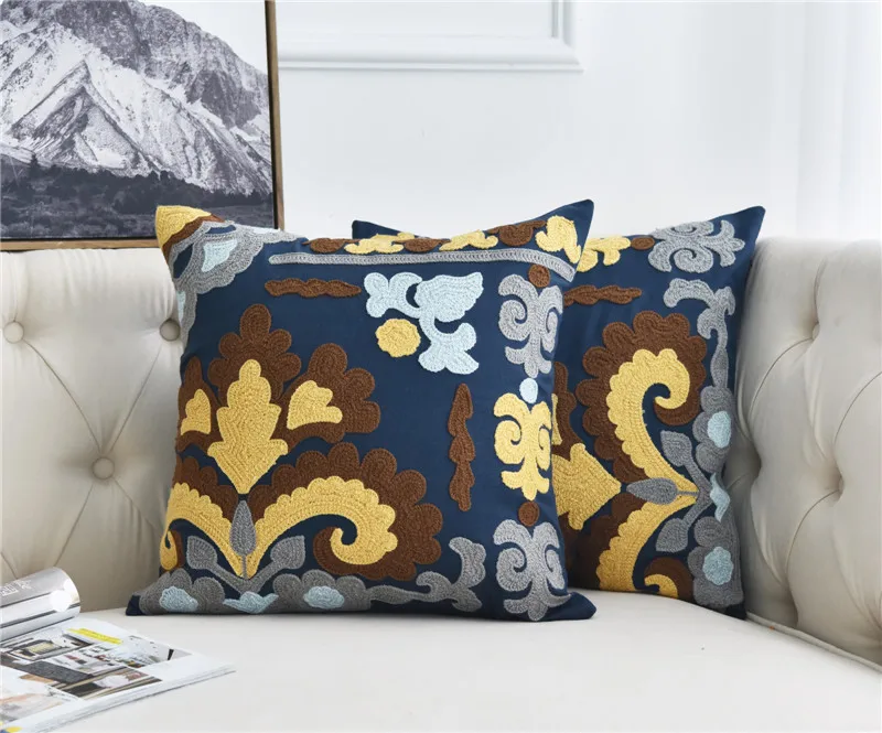 Темно-синие полная вышивка подушка домашний декор из хлопка в стиле «Бохо Стиль Этническая подушка крышка 45х45см наволочка для подушки - Цвет: B