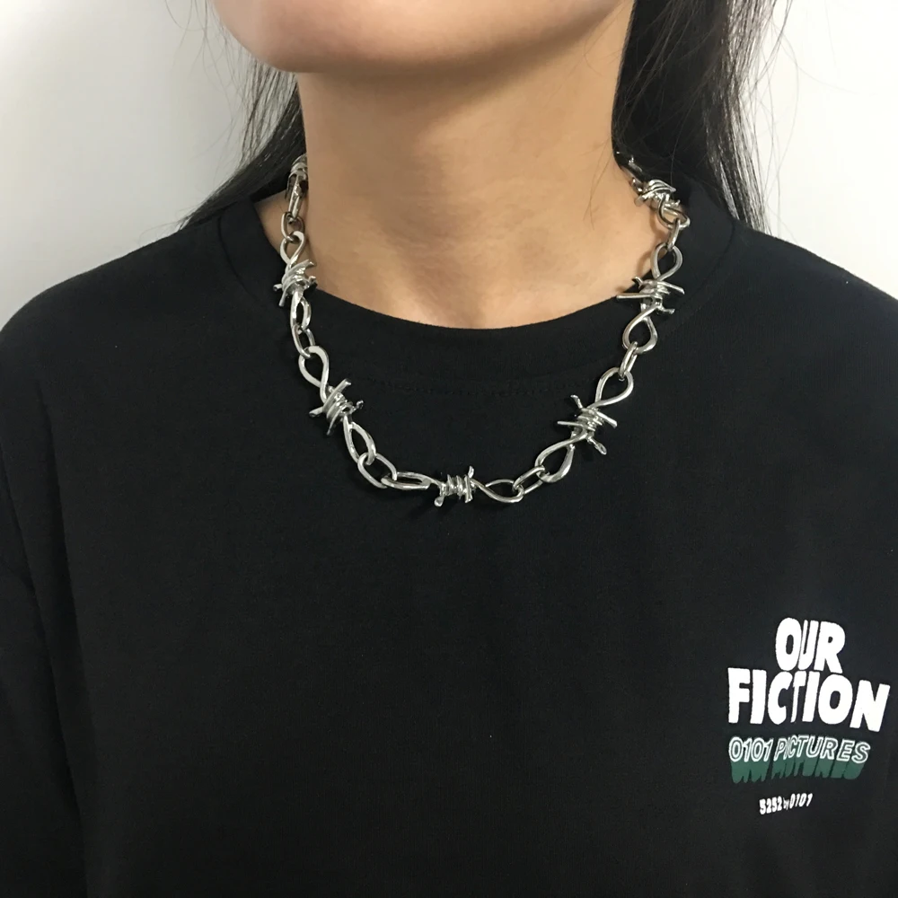 

wholesale 1 Set Men's Punk Gothic Necklaces&Bracelets Set Alloy Barbed Wire Brambles Choker&Bangle Jewelry Hip-pop Gifts