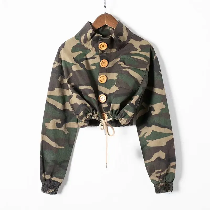 

2019 Early Spring New Style Western Style High Collar Drawstring Cardigan Camouflage Short Coat