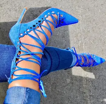 

Moraima snc Women Pumps High Heels Blue Suede Pointed Toe Sexy Stiletto Shoes Woman Ladies Lace-up Cutouts Dress Shoe