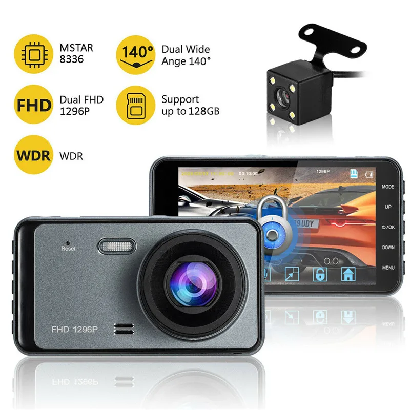 

4" 2.5D HD 1080P Dual Lens Car DVR Video Recorder Dash Cam G-Sensor Motion Detection/Parking Monitor Automatic RVC Camera