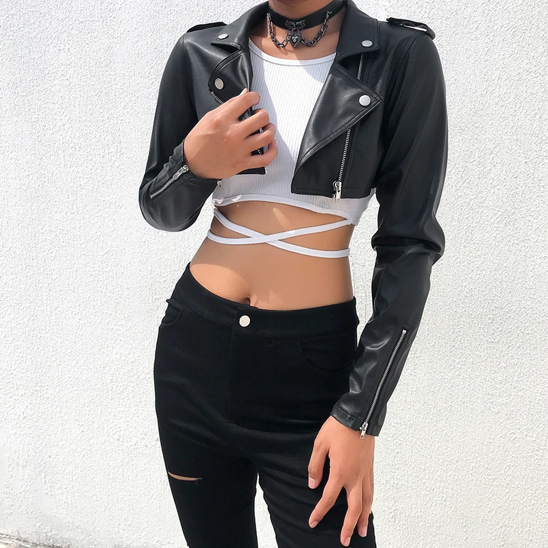 Kopen Iamhotty Zwart Pu Lederen Crop Jacket Street Wear Punk Stijl Vrouwen Jassen Lange Mouwen Turn Down Rits Korte Jas 2019 Fashion