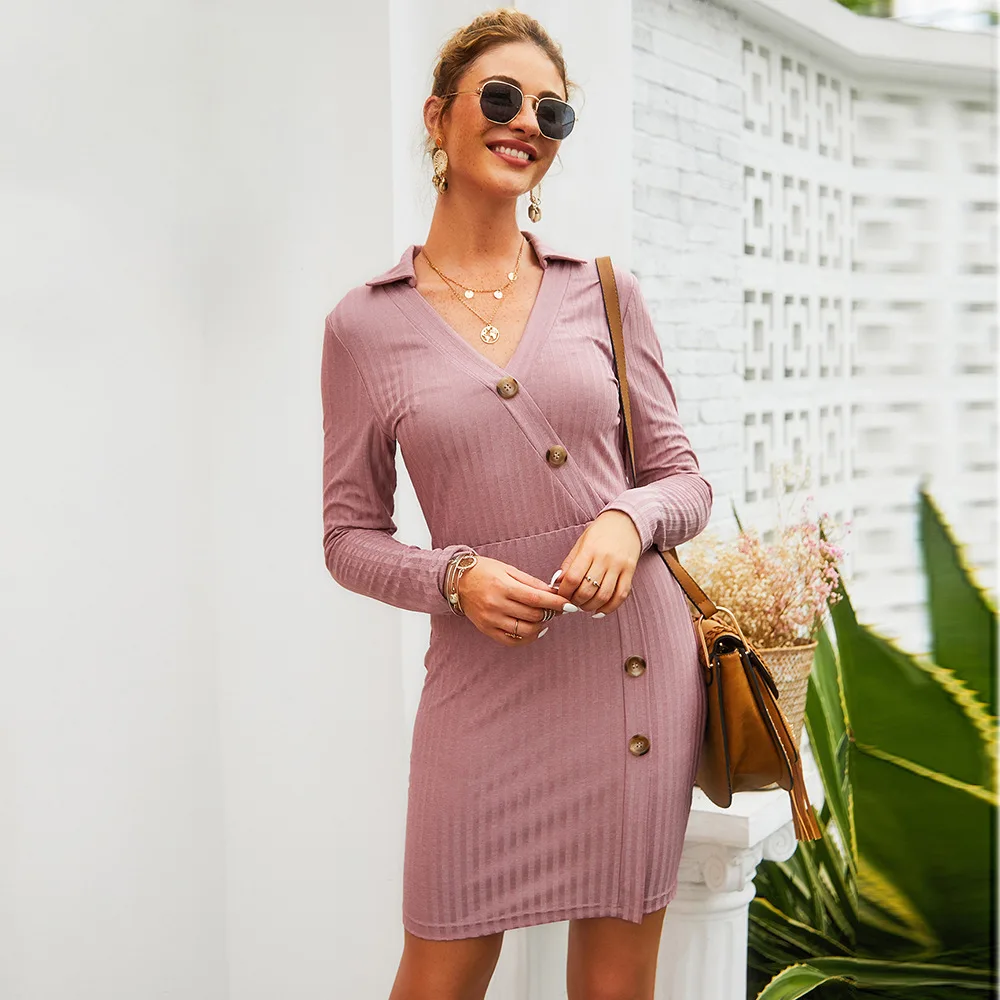 

WHZHM Autumn Pink Party Wrap Dresses Women Buttons Turn-down Collar Buttons V-Neck Mini Casual Sexy Knitted Skinny Dress Ladies