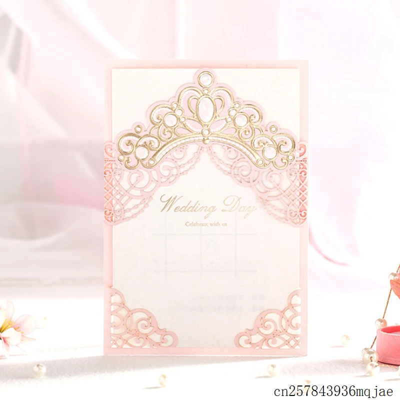 50 Sets Pink Wedding Invitations Cards with Gold Embossed Hollow Flora Design Cards for Wedding Decor Bridal Shower