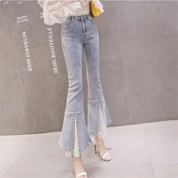 

Real shot 2020 new spring fashion high-waist stretch nine-point jeans were thin Slim cut split flared pants