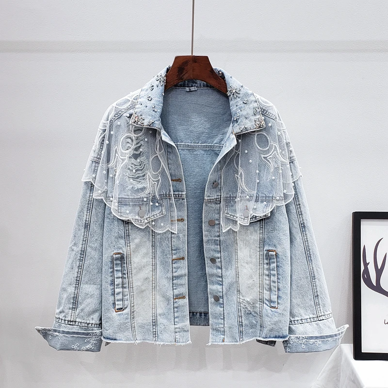 

Heavy work Diamond Pearl Beaded Vintage Lace Splice Denim jacket Autumn Women Loose Blue Washed Hole Jean jacket Veste Femme