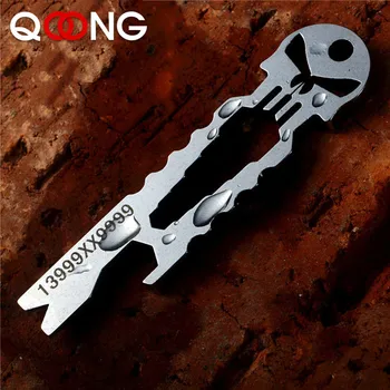 QOONG Punisher EDC Multi Function Tool Keychain with Wrench Crowbar Screwdriver Bottle Opener Skeleton Key Chain Ring Holder H03 precision cast steel multifonction key chain with cross straight screwdriver edc portable screwdriver set tool