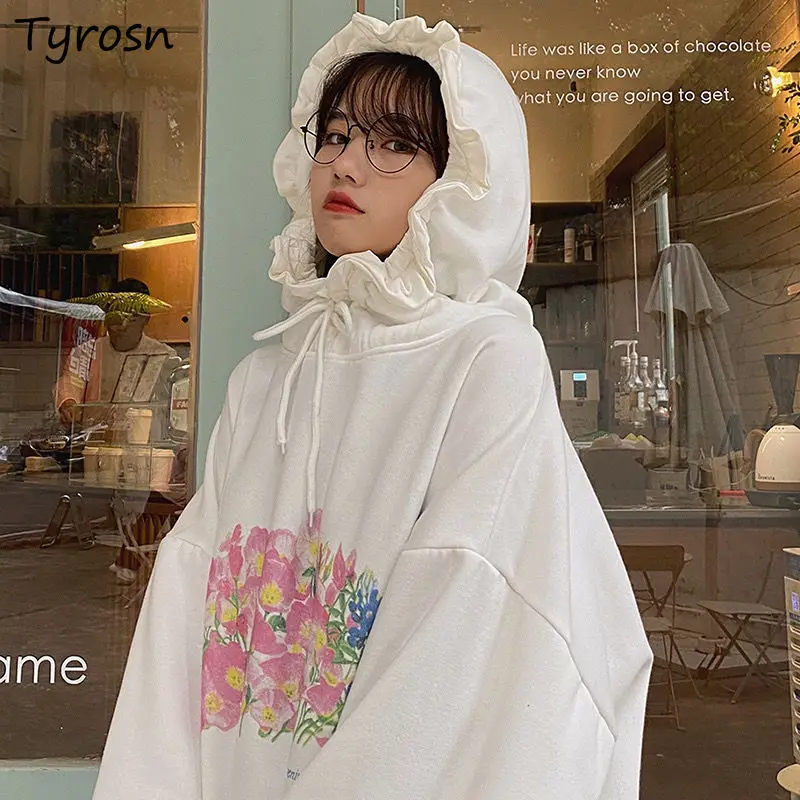 

Hoodies Sweatshirts Women Fashion Loose White Printed Hooded Fungus Line Kawaii Harajuku Students Chic Casual Ulzzang Vintage