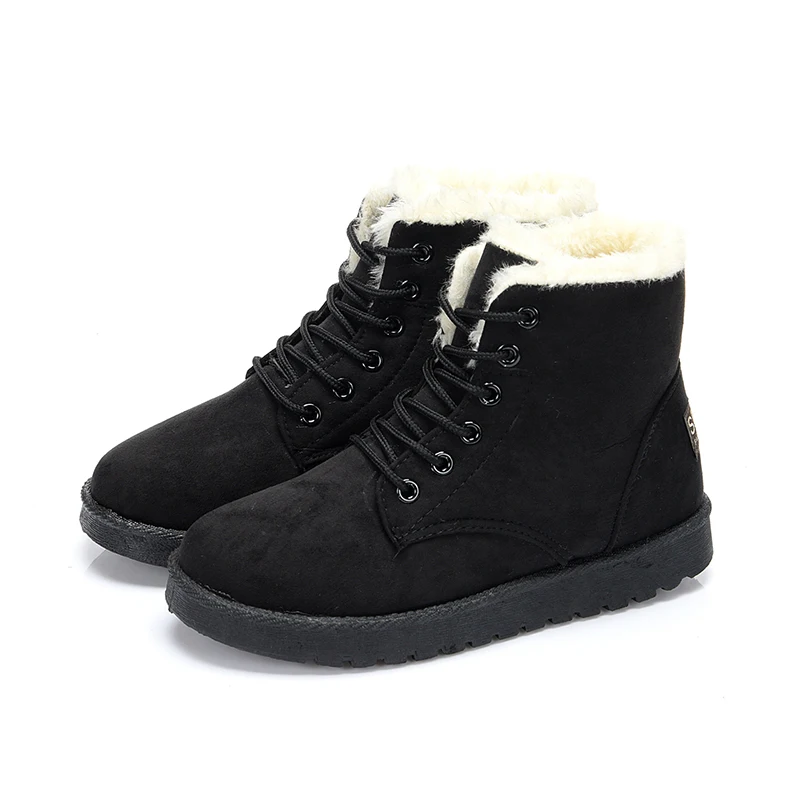 ERNESTNM Snow Boots Casual Ankle Booties Ladies Cotton Winter Female Warm Plush Fur Women Shoes Lace Up Flock Red Botas - Цвет: Black